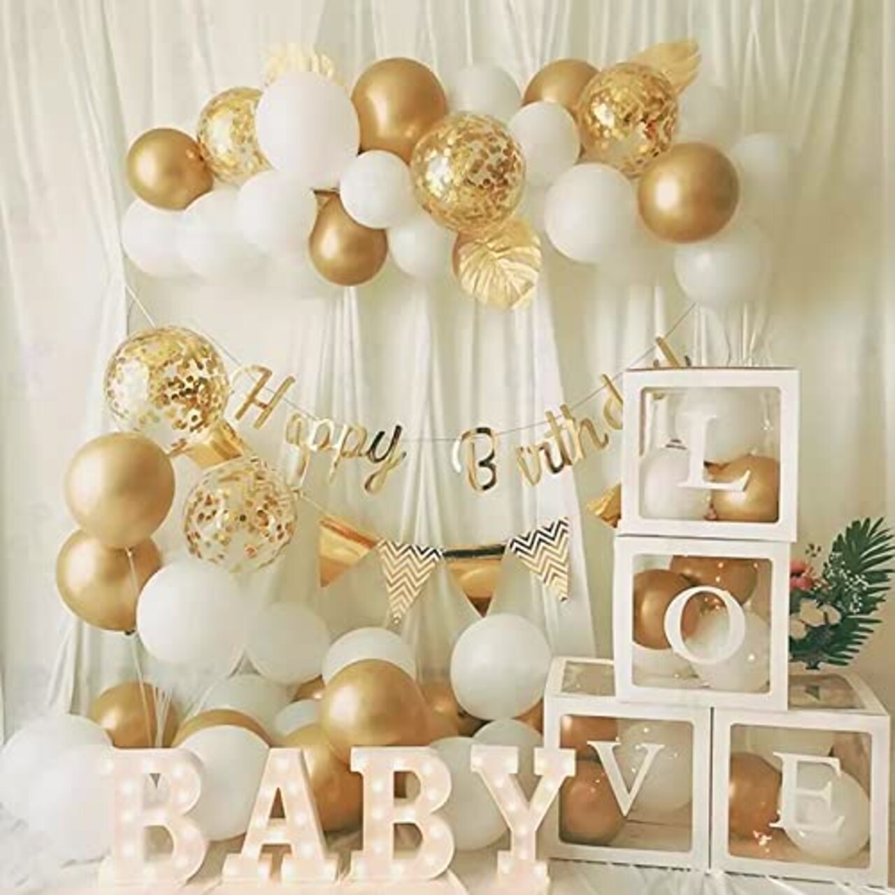 White and Gold Balloon Garland Arch Kit - Includes Gold Confetti Balloons for Baptism, Wedding, and Birthday Party Decoration